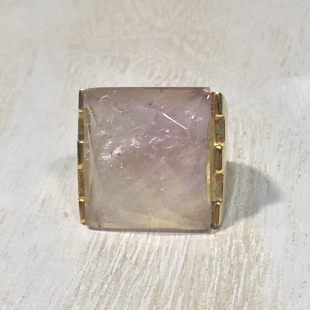 GENUINE FACETED ROSE QUARTZ CRYSTAL BOLD 18K OVERLAY STATEMENT GEM RING SIZE 7
